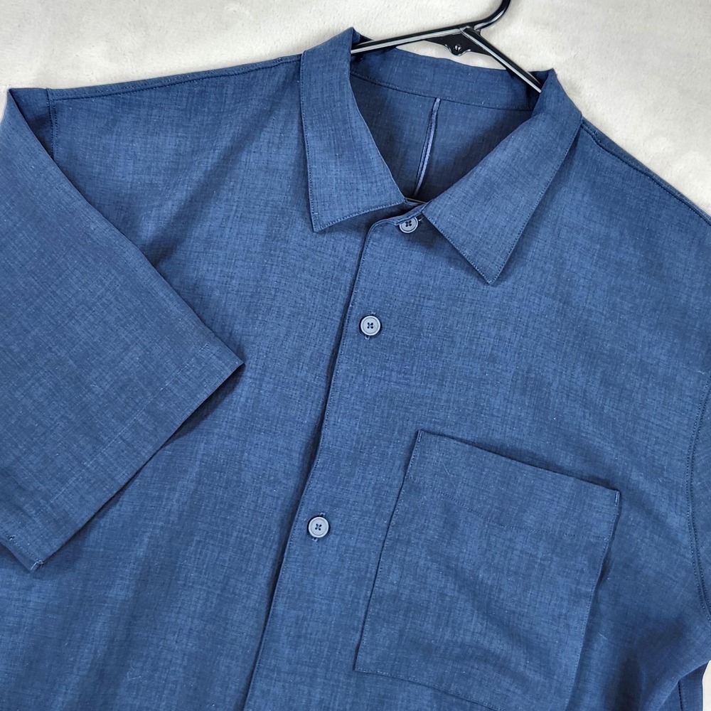 Lululemon Shirt Mens Large Blue Linen Blend Woven Short Sleeve Button Up Casual
